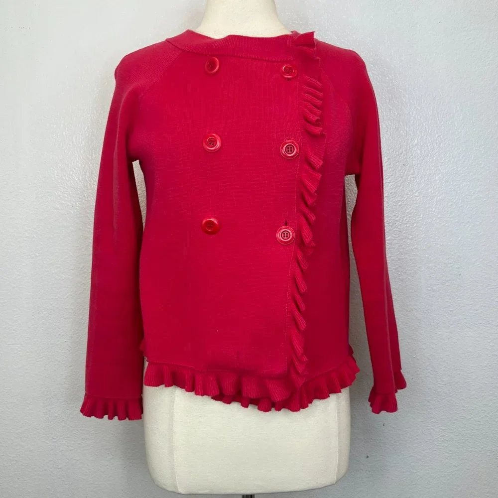 J CREW‎ Womens Pinkish Red Cardigan Sweater DOUBLE BREASTED Ruffled size Medium